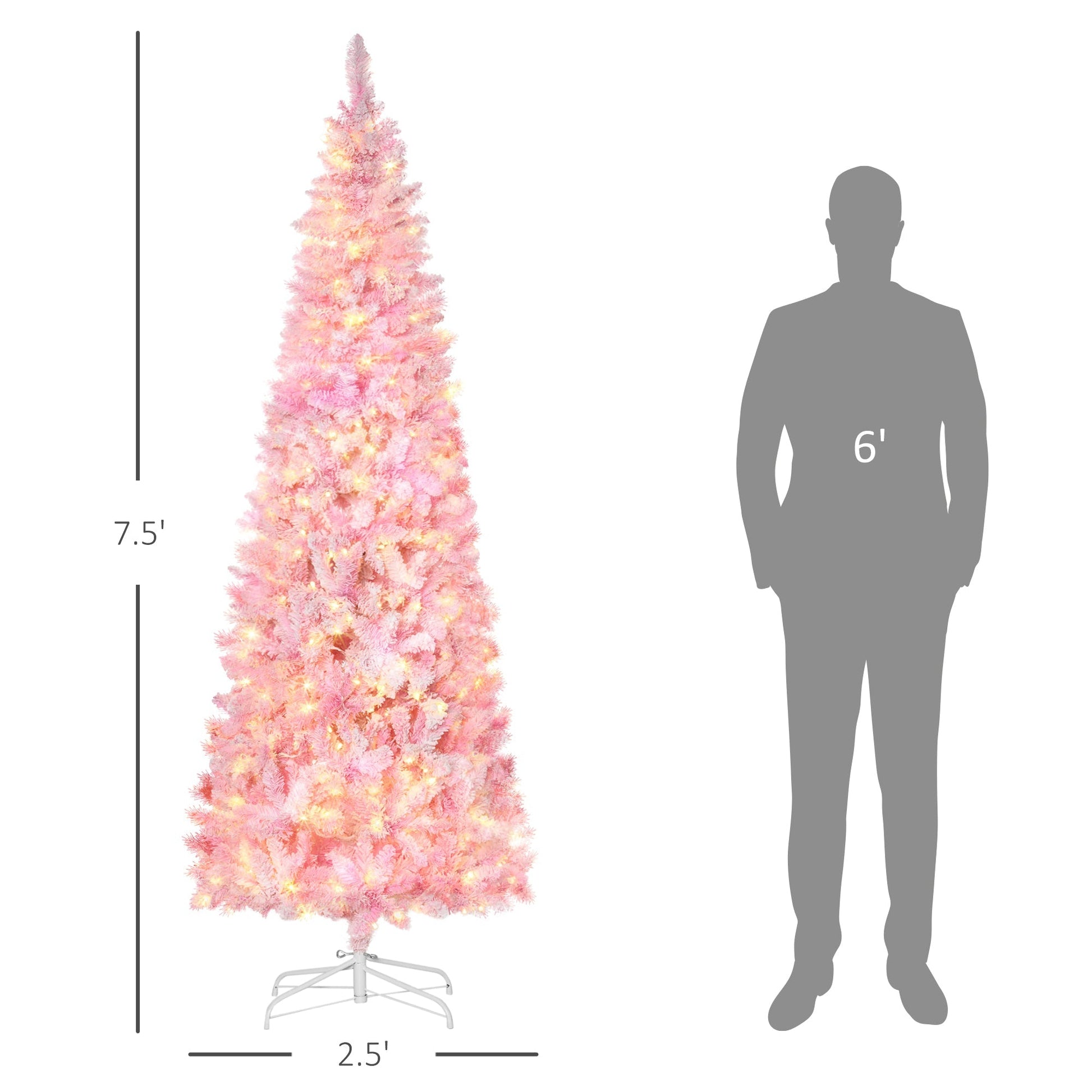 Homcom 7.5ft pink snow-flocked prelit tree with warm LED lights on white metal stand on Tampa Home & Garden Store