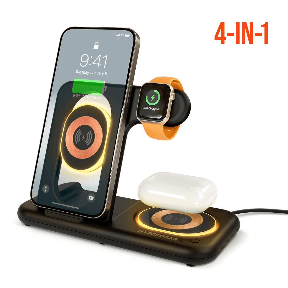 4-in-1 wireless charging stand charges iPhone, Apple Watch band and AirPods case on black base on Tampa Home & Garden Store