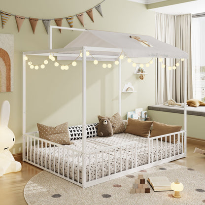3 In 1 Montessori Floor Bed Fenced Support canopy bed in white with star bedding and cushions on Tampa Home & Garden Store