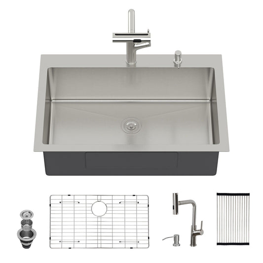 Drop-in kitchen sink with pull-out faucet and soap dispenser by HouseOfZazla, stainless on Tampa Home & Garden Store