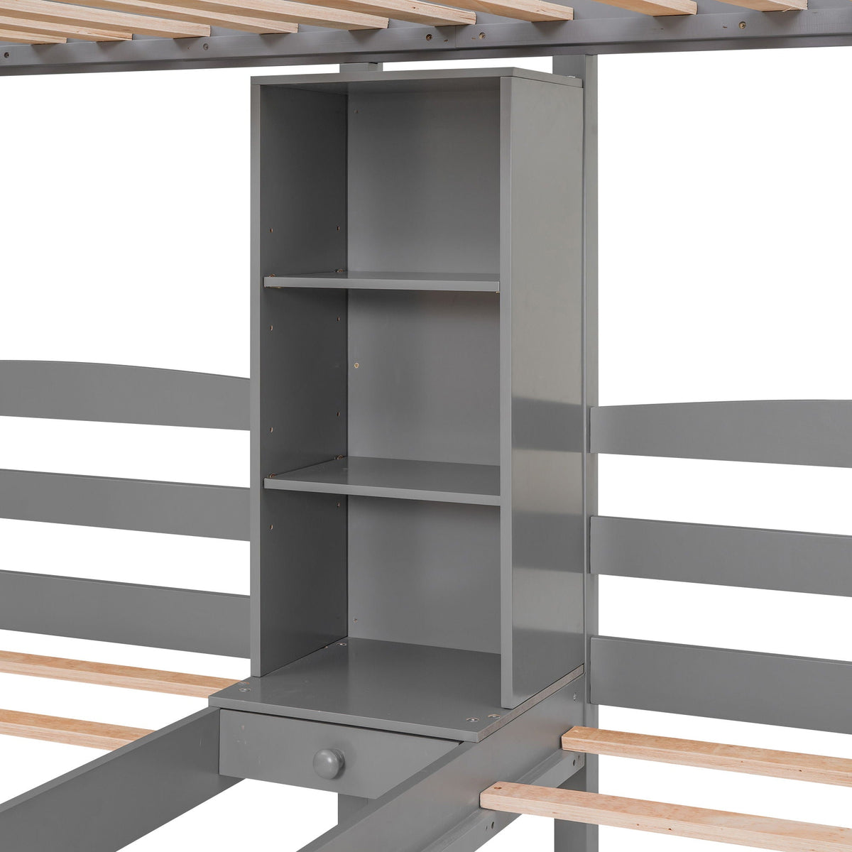 Twin over twin gray bunk bed with staircase storage, built-in shelves, and a front drawer on Tampa Home & Garden Store