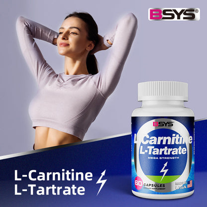 L-Carnitine L-Tartrate 60 capsules bottle by BSYS with blue label and athletic woman model on Tampa Home & Garden Store