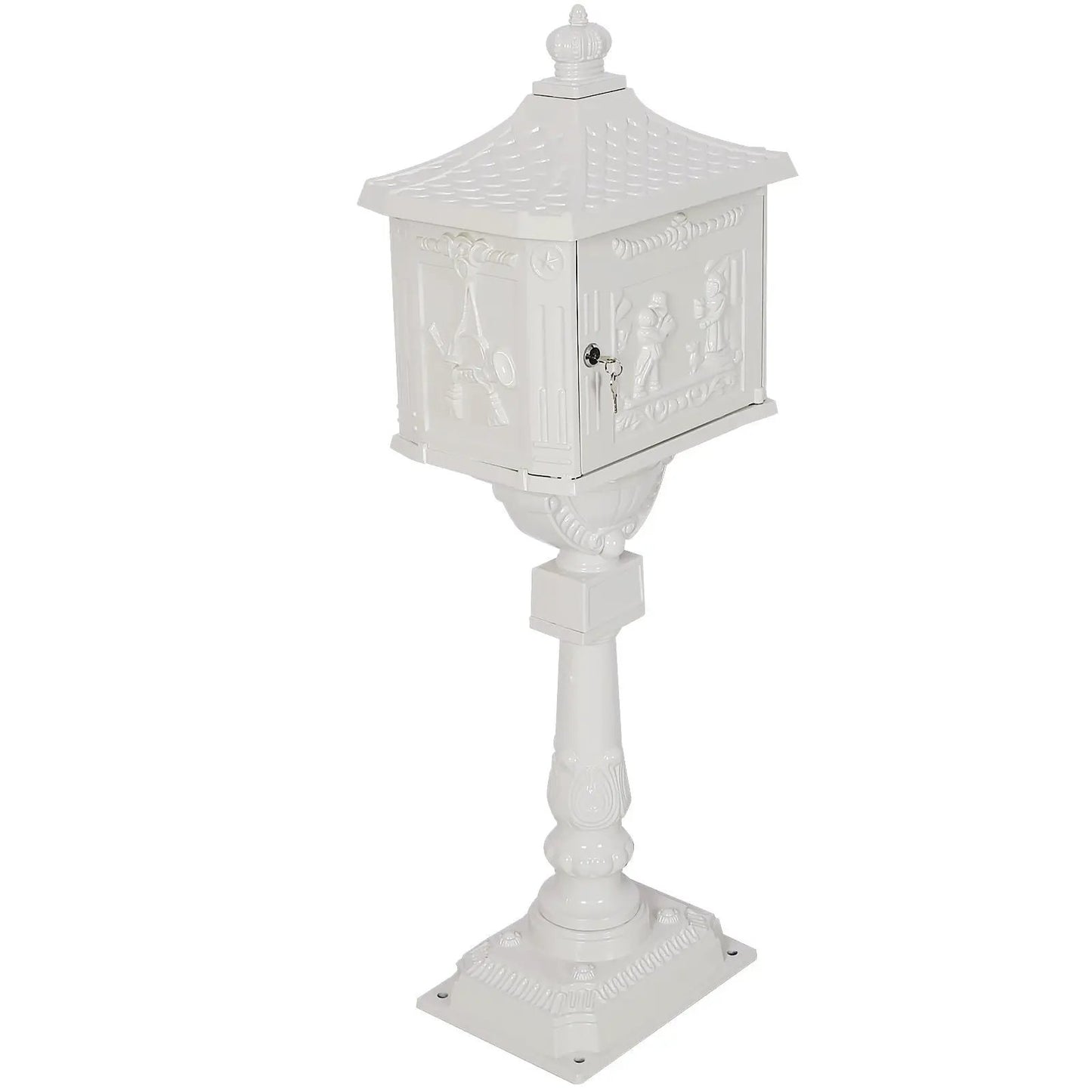 Cast aluminum mailbox on decorative pedestal with embossed panels, white outdoor decor on Tampa Home & Garden Store