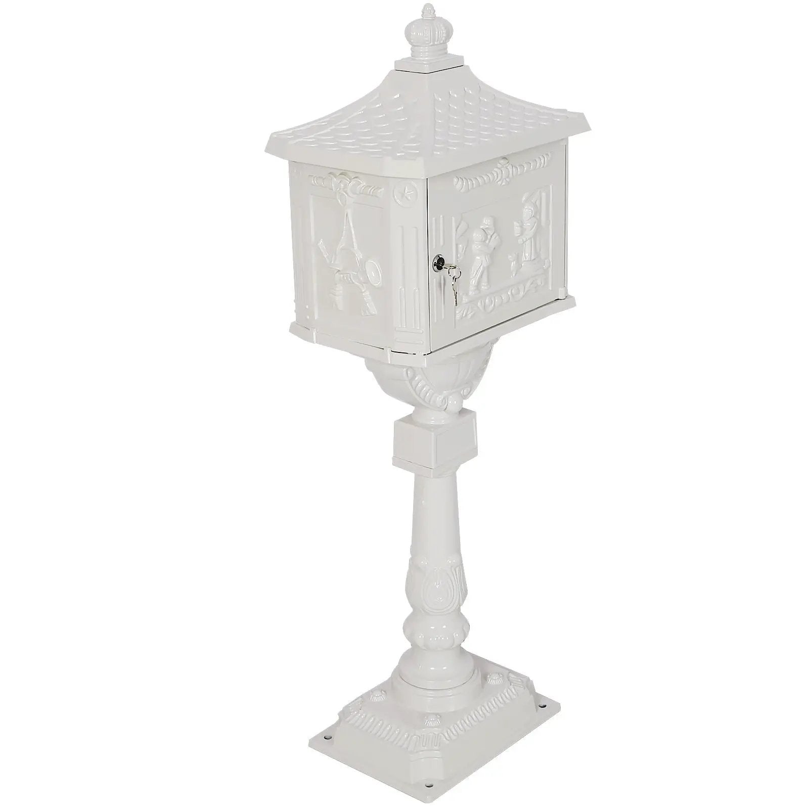 Cast aluminum mailbox on decorative pedestal with embossed panels, white outdoor decor on Tampa Home & Garden Store