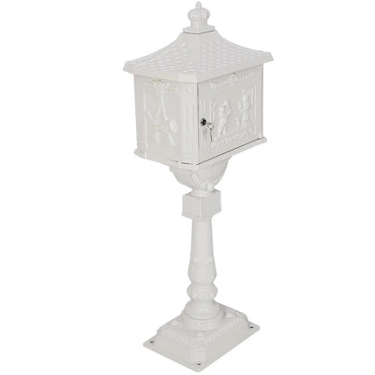 Cast aluminum mailbox on decorative pedestal with embossed panels, white outdoor decor on Tampa Home & Garden Store