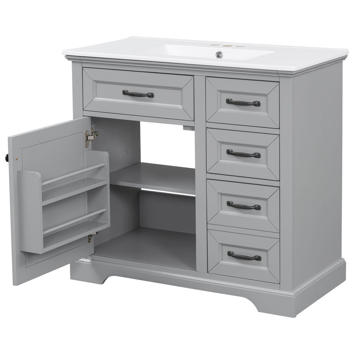 36in bathroom vanity with sink, gray cabinet, white countertop, HouseOfZazla, soft-close hinges on Tampa Home & Garden Store