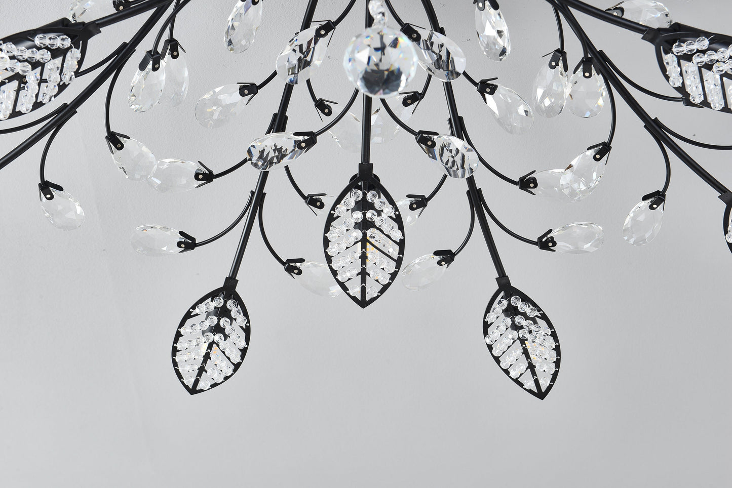 15-Light Crystal Ceiling Chandelier with black metal frame and hanging teardrop prisms on Tampa Home & Garden Store