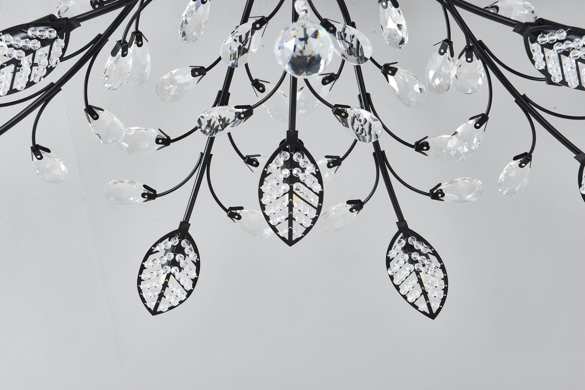 15-Light Crystal Ceiling Chandelier with black metal frame and hanging teardrop prisms on Tampa Home & Garden Store