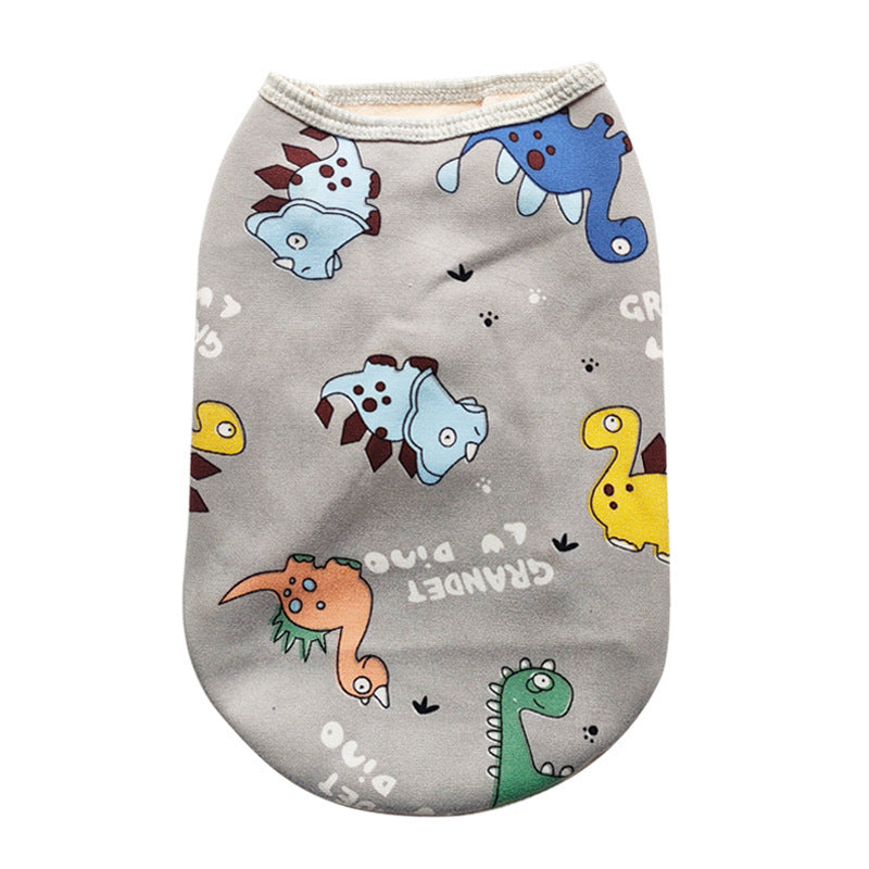 Pet plush dog vest gray with colorful dinosaur print for autumn and winter, sizes S-L on Tampa Home & Garden Store