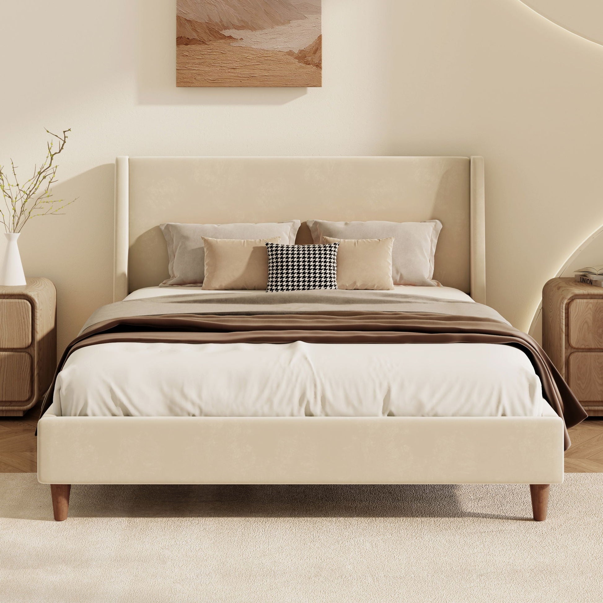 Modern upholstered platform bed with beige fabric and wingback headboard HouseOfZazla on Tampa Home & Garden Store