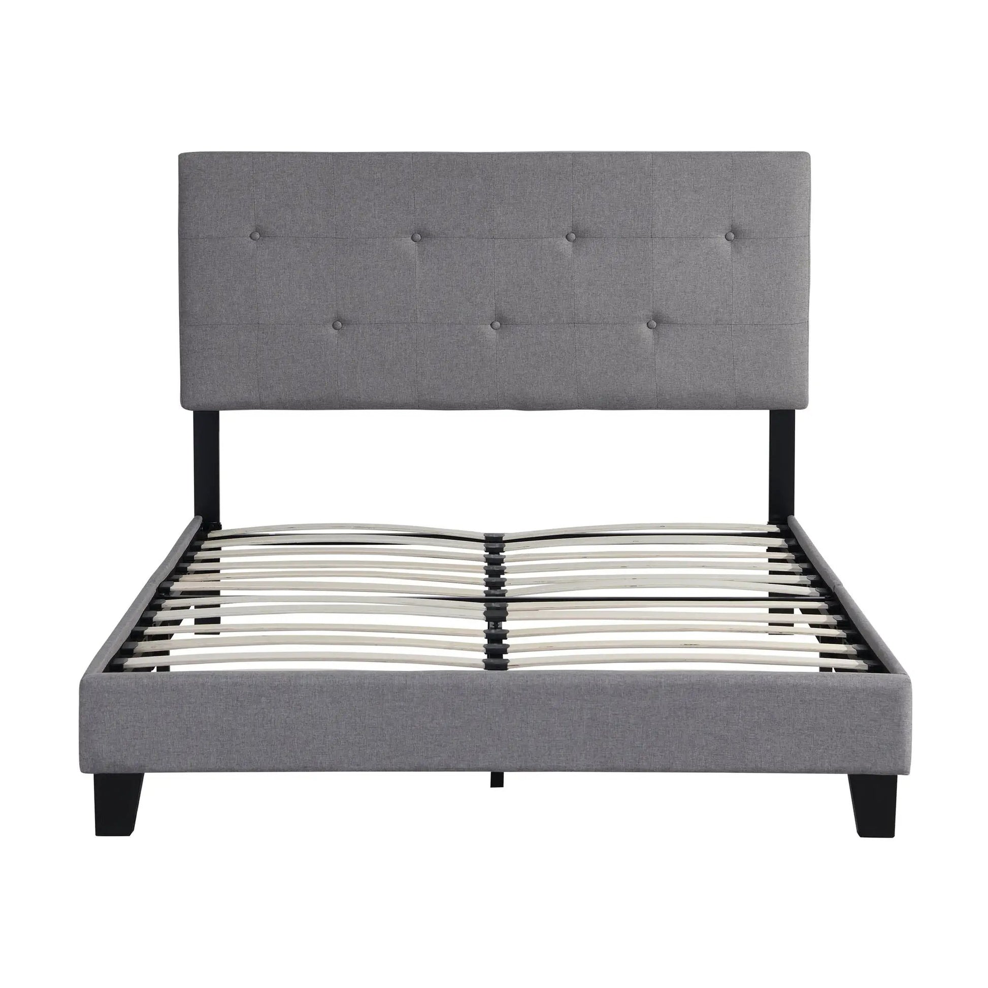 Upholstered platform bed with tufted headboard and wood slat support in gray by Unique Piece Furniture on Tampa Home & Garden Store