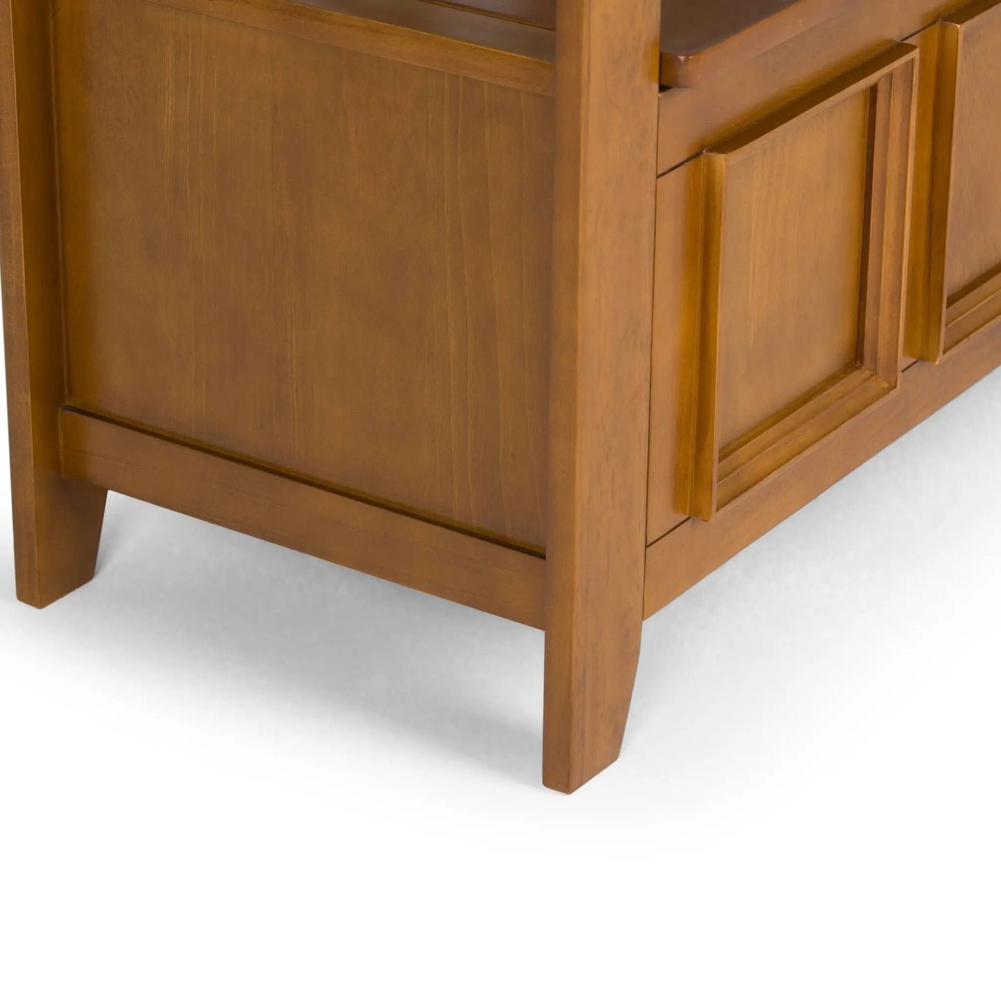 Amherst handcrafted entryway storage bench warm oak wood, paneled sides, square legs on Tampa Home & Garden Store