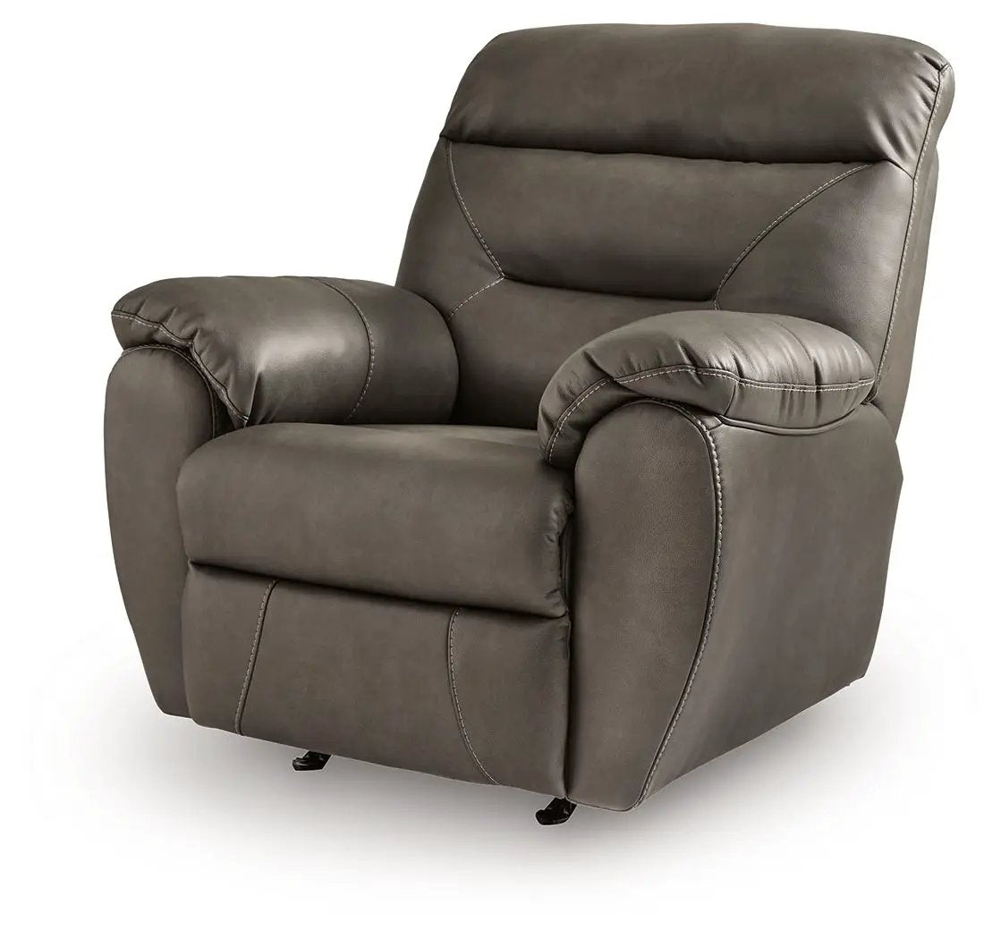 Elksworth rocker recliner in taupe leather with plush padded arms on Tampa Home & Garden Store