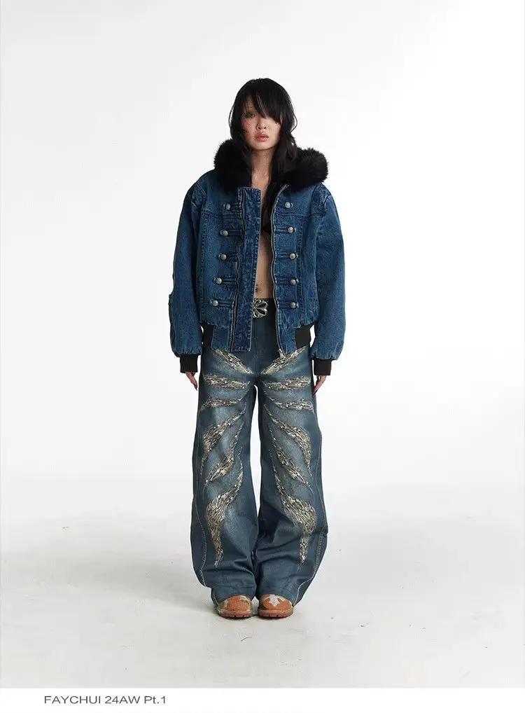 Original Digital 3D Leopard Print Loose Jeans blue denim by FLIPSTYLEZLLC, oversized wide-leg on Tampa Home & Garden Store