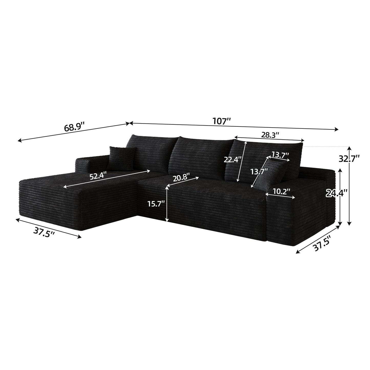 107-inch cloud sectional sofa with L-shaped chaise in black fabric by HouseOfZazla on Tampa Home & Garden Store