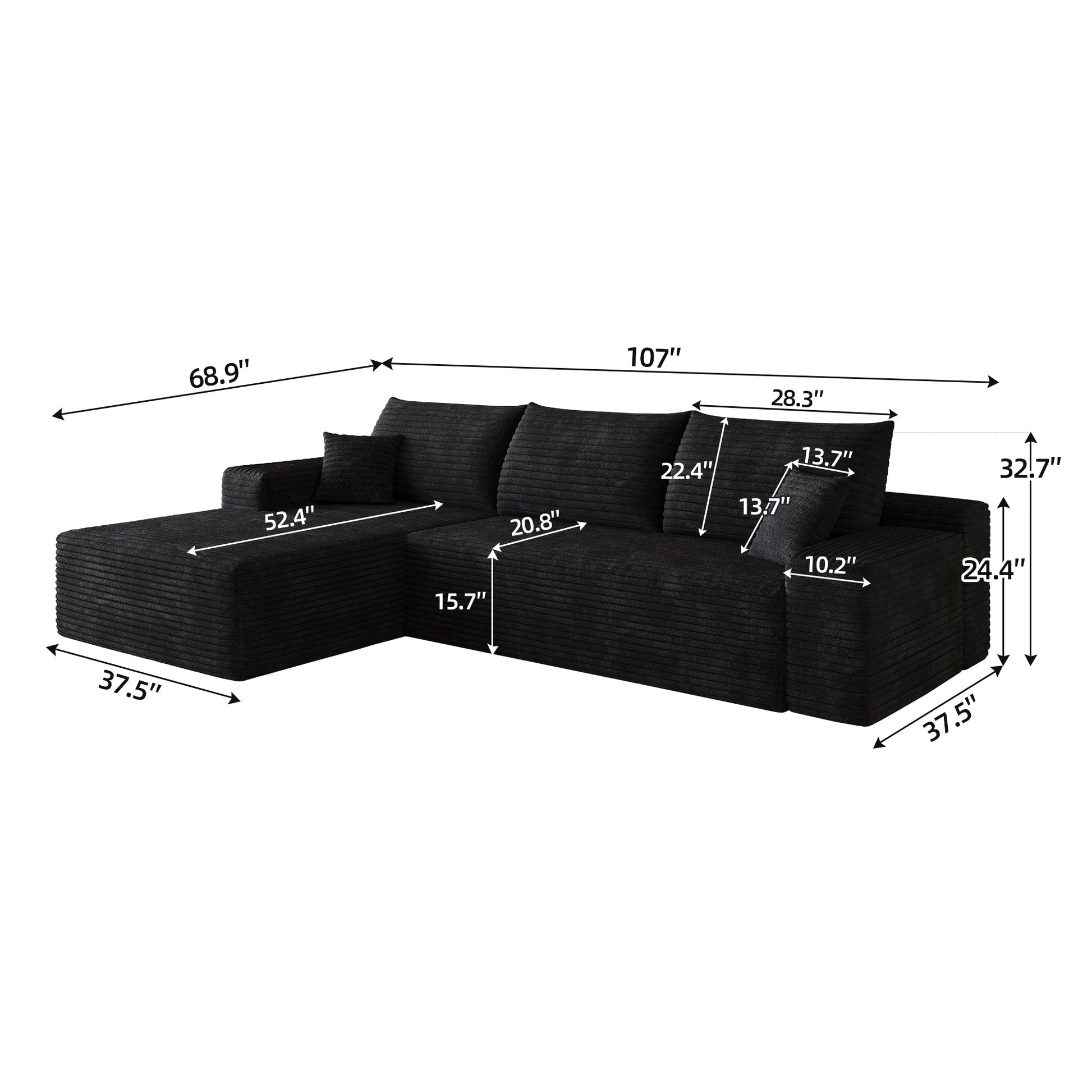 107-inch cloud sectional sofa with L-shaped chaise in black fabric by HouseOfZazla on Tampa Home & Garden Store