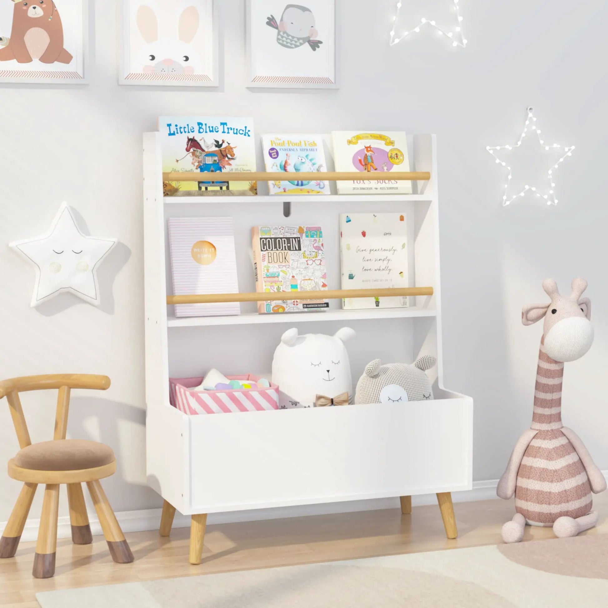 White bookshelf book organizer with toy storage and natural wood bars, by Unique Piece Furniture on Tampa Home & Garden Store