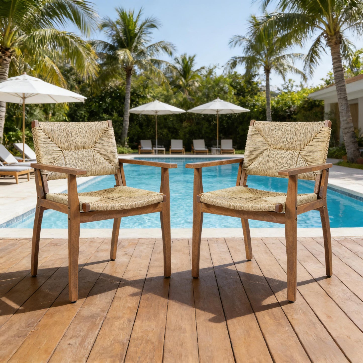 HouseOfZazla durable outdoor dining chairs with acacia wood frames and wicker seats poolside on Tampa Home & Garden Store