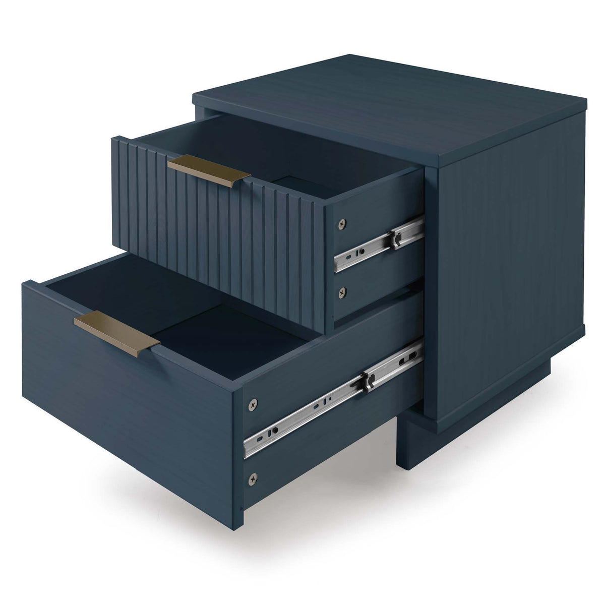 Granville nightstand with 2 drawers, dark navy solid wood, ribbed front panels and brass pulls on Tampa Home & Garden Store