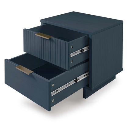 Granville nightstand with 2 drawers, dark navy solid wood, ribbed front panels and brass pulls on Tampa Home & Garden Store