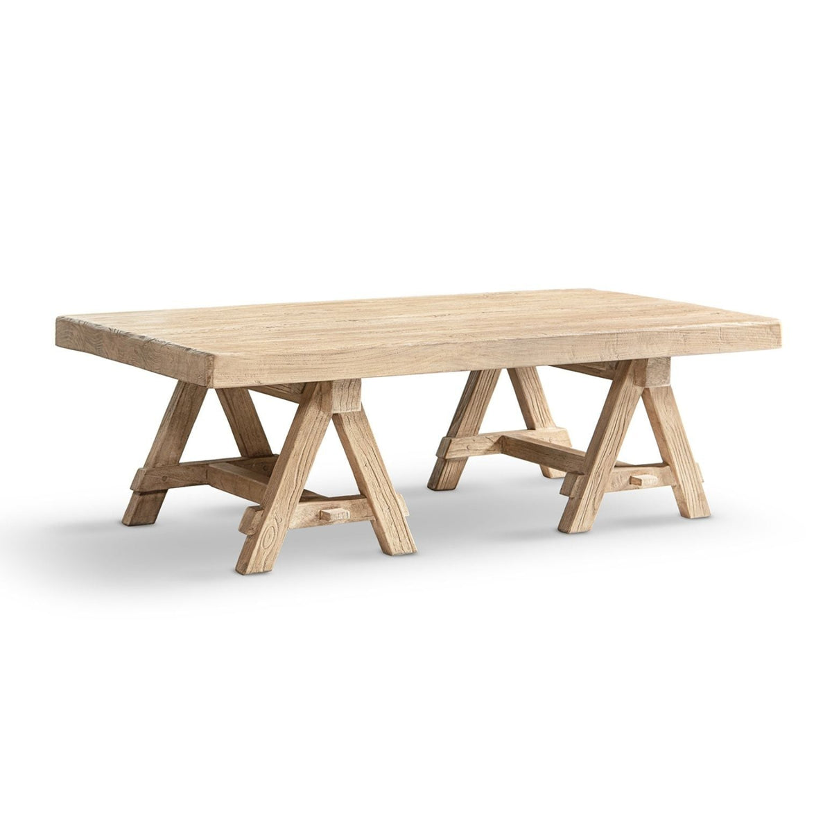 trestle coffee table made of solid reclaimed elm in natural light brown finish on Tampa Home & Garden Store