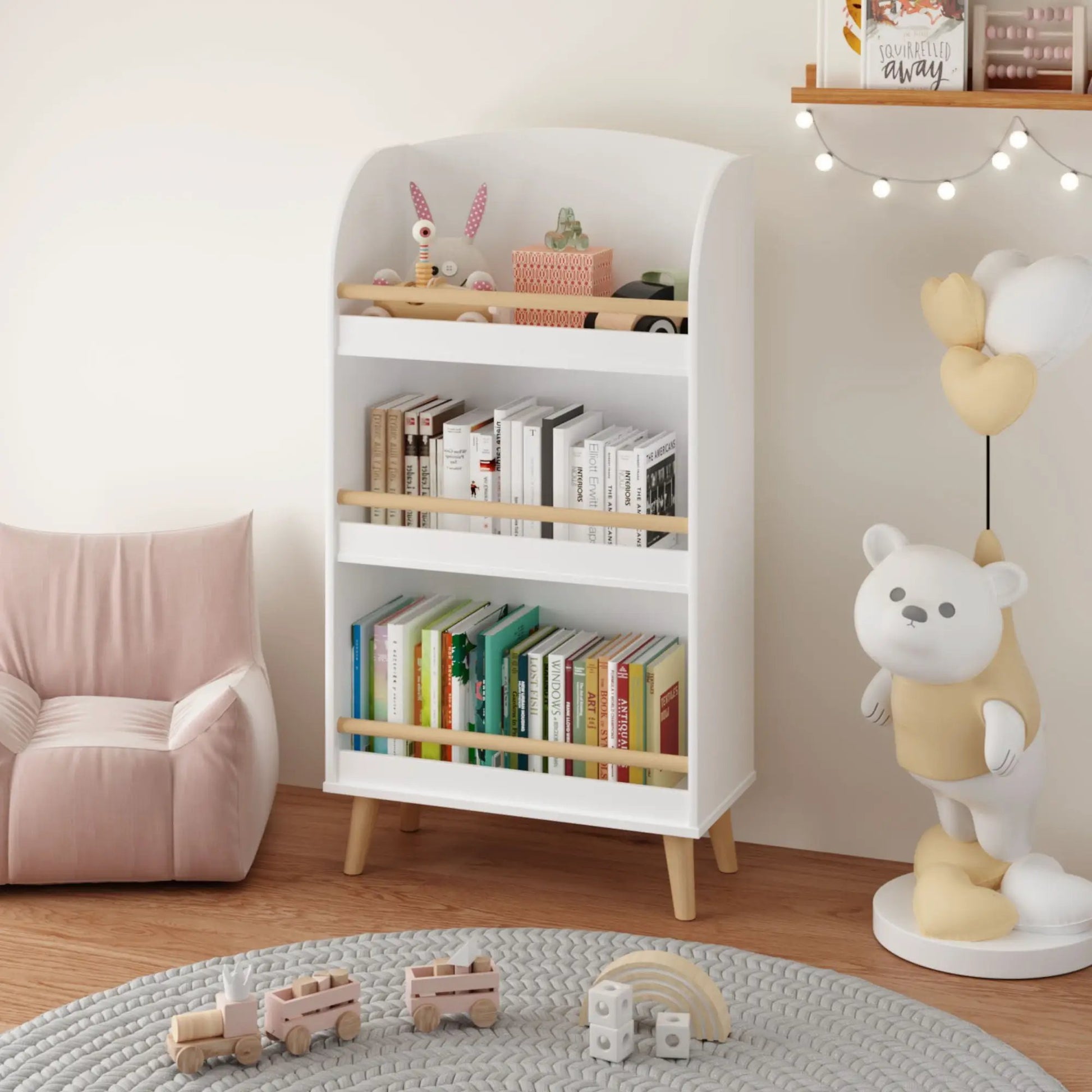 Bookshelf 3 Tier Book Organizer with Toy Storage white, kid-friendly decor on Tampa Home & Garden Store
