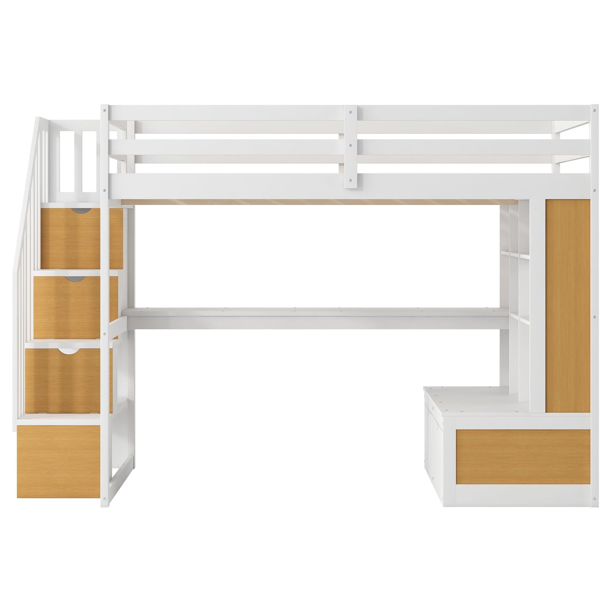 Full size loft bed with desk and shelves, white frame, wood drawers and storage stairs on Tampa Home & Garden Store