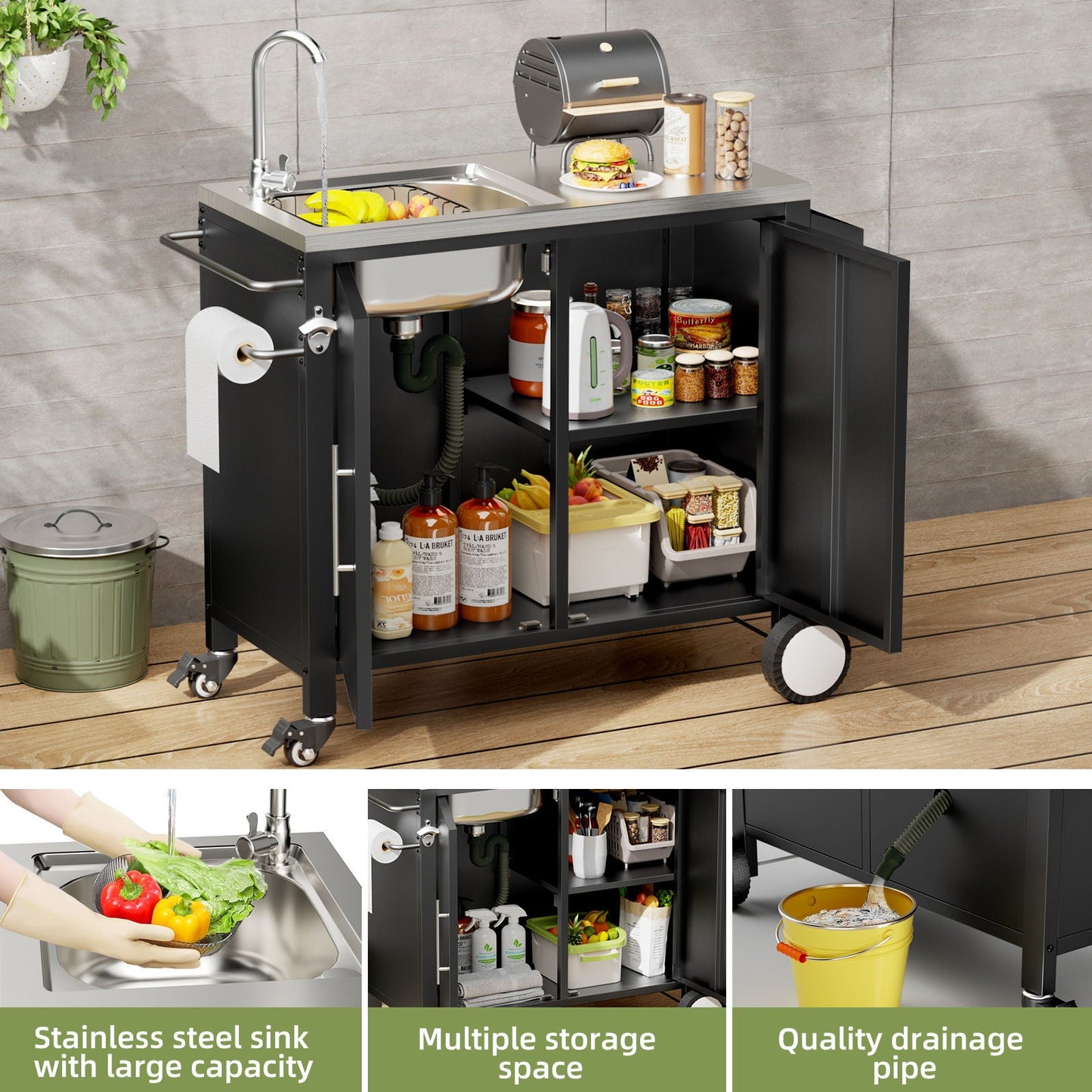 Outdoor Grill Cart With Sink and Storage Cabinet