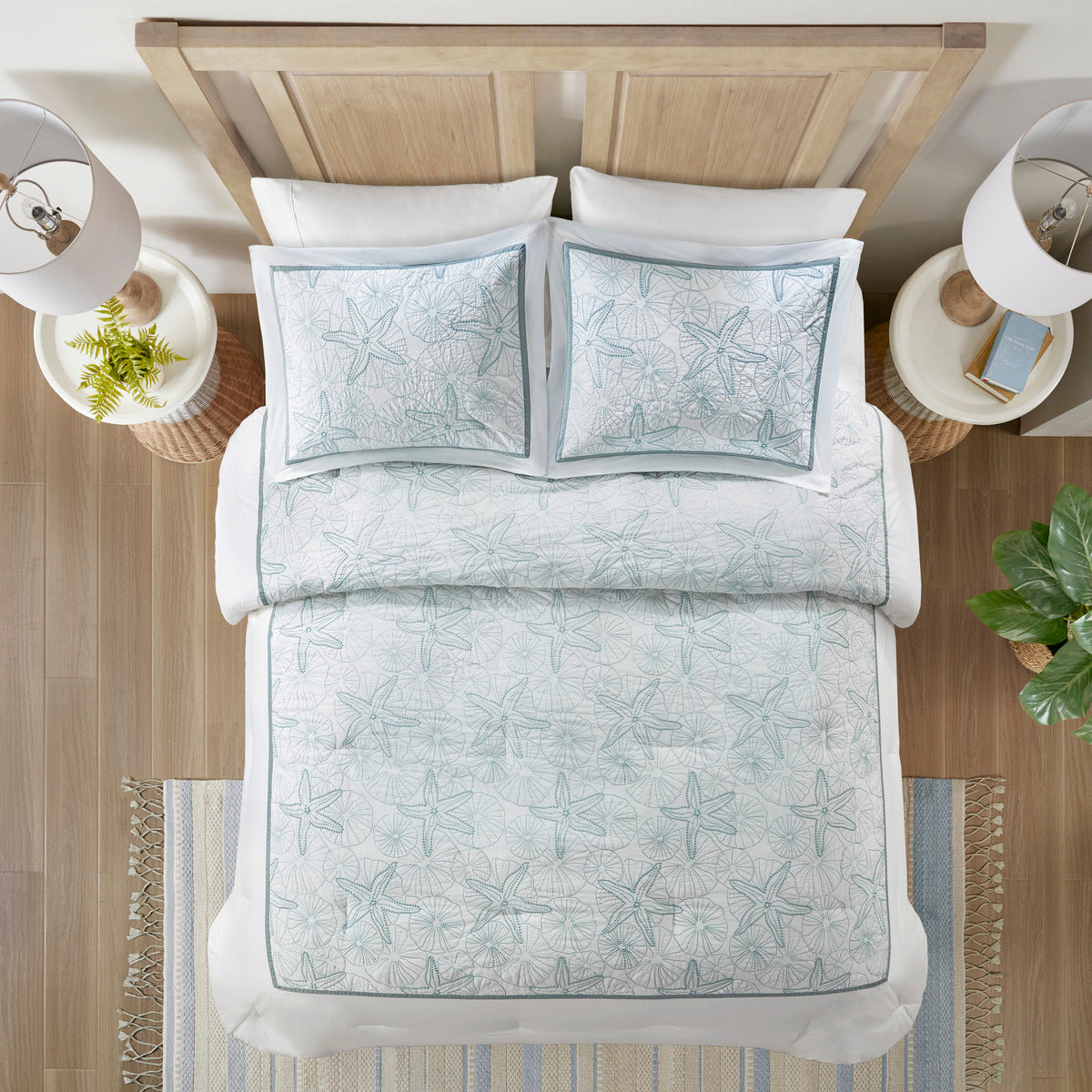 Comforter Set White King by HouseOfZazla with teal starfish pattern on Tampa Home & Garden Store