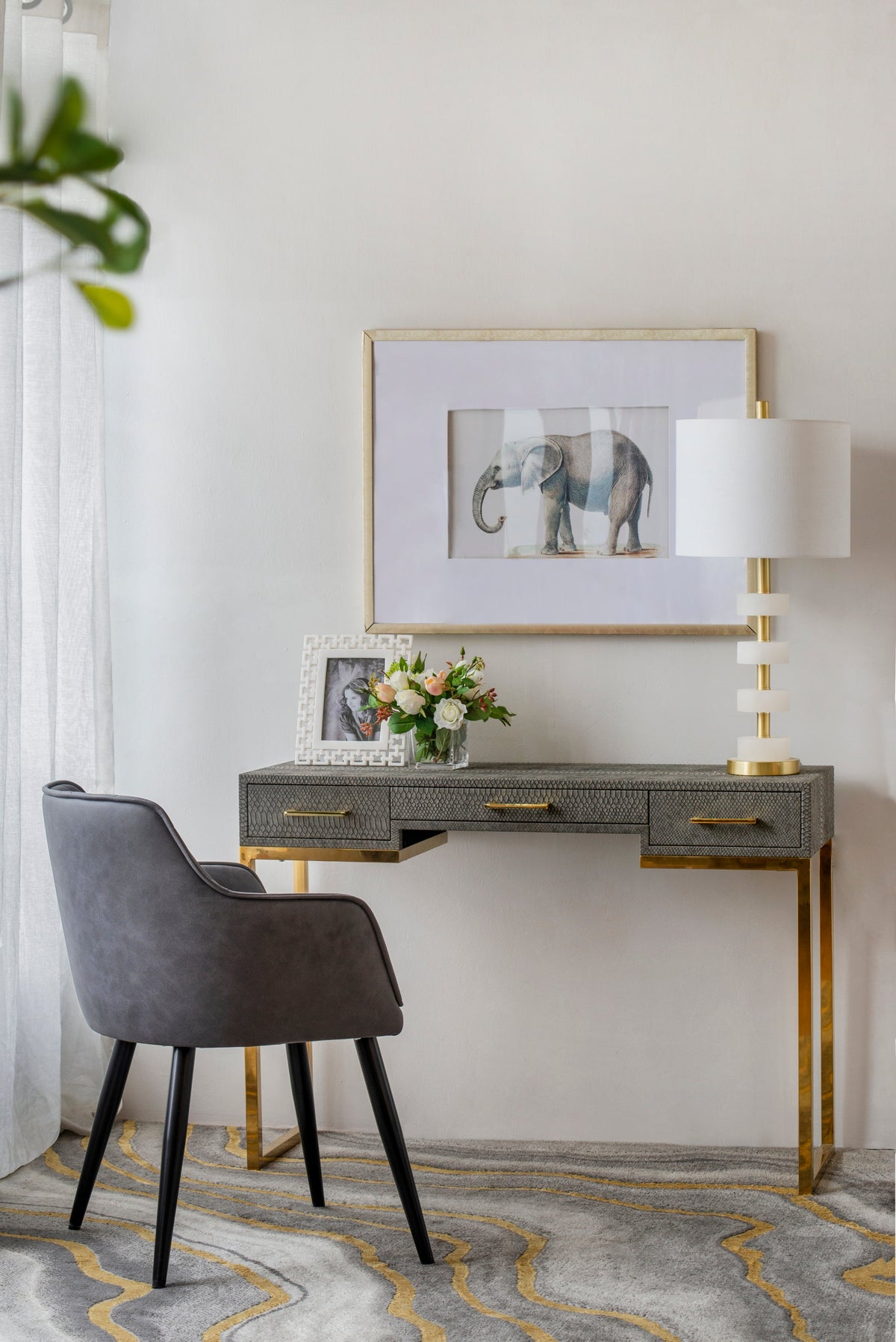 HouseOfZazla 13x13x26 Marble Table Lamp with white shade and brass accents on a textured desk on Tampa Home & Garden Store