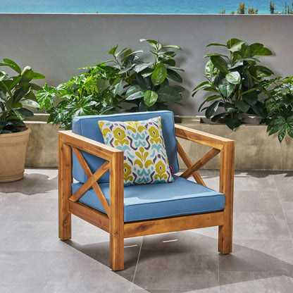 Brava Mid-Century Outdoor Club Chair with water resistant blue cushions by HouseOfZazla on Tampa Home & Garden Store