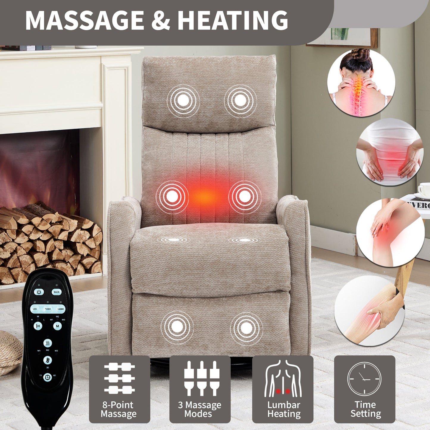 Khaki Heat Massage Recliner Chair and Swivel
