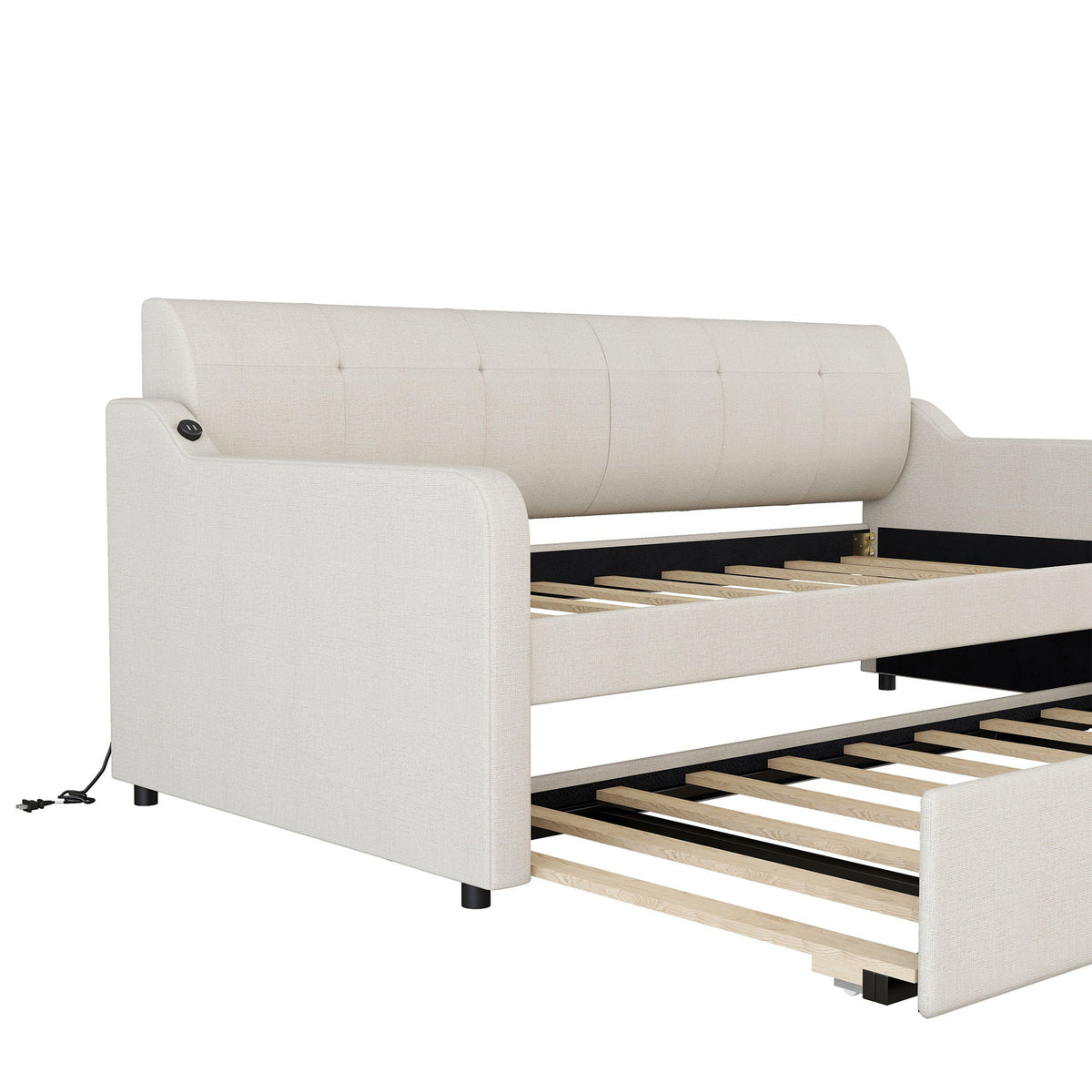 Upholstered daybed with trundle and USB charging, beige fabric, tufted back, wood slat trundle on Tampa Home & Garden Store
