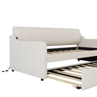 Upholstered daybed with trundle and USB charging, beige fabric, tufted back, wood slat trundle on Tampa Home & Garden Store