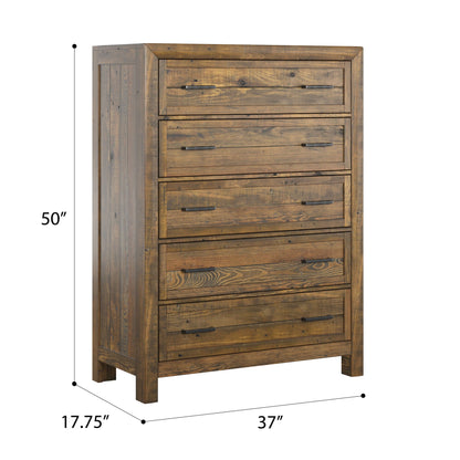 5-drawer chest HouseOfZazla in brown solid wood with rustic finish and metal pulls on Tampa Home & Garden Store