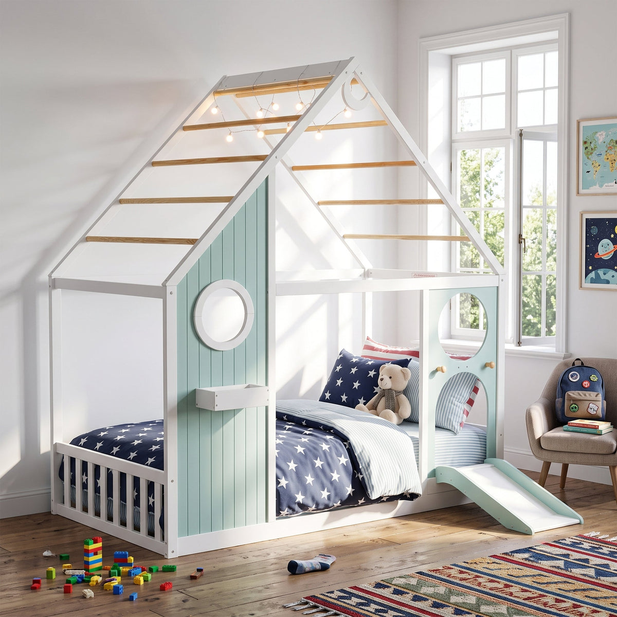 Twin House Bed with Slide white and teal frame, wooden rungs, ball light strip, HouseOfZazla on Tampa Home & Garden Store