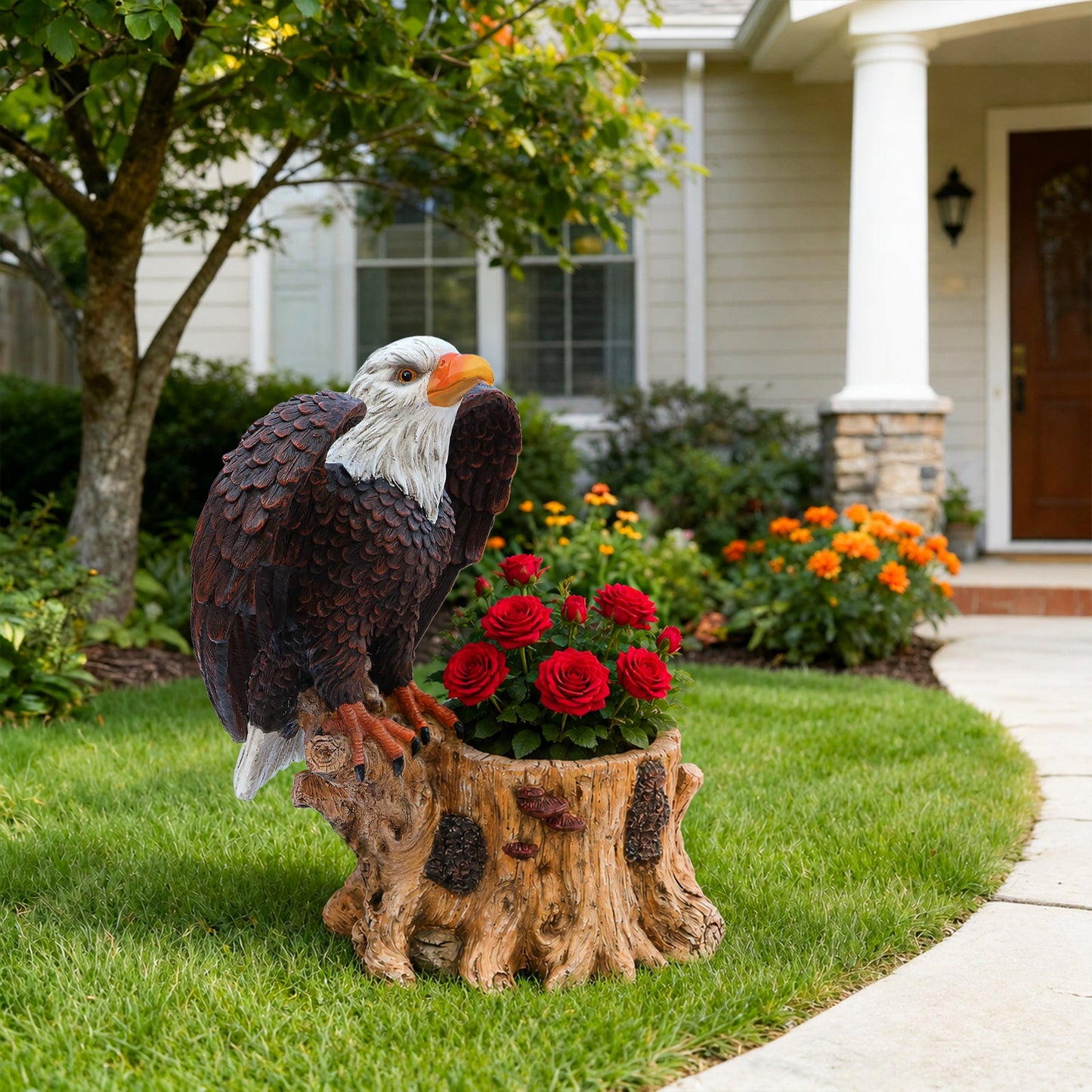 Majestic Eagle with Spread Wings Garden Planter Pot statue on carved tree stump beside red roses on Tampa Home & Garden Store