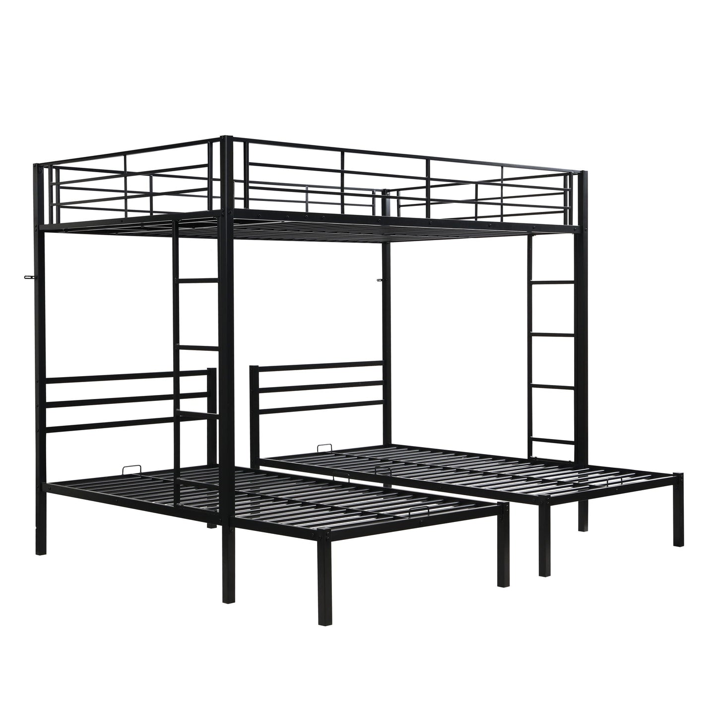 Black metal triple bunk bed frame with vertical ladder, safety rails, and storage shelf on Tampa Home & Garden Store