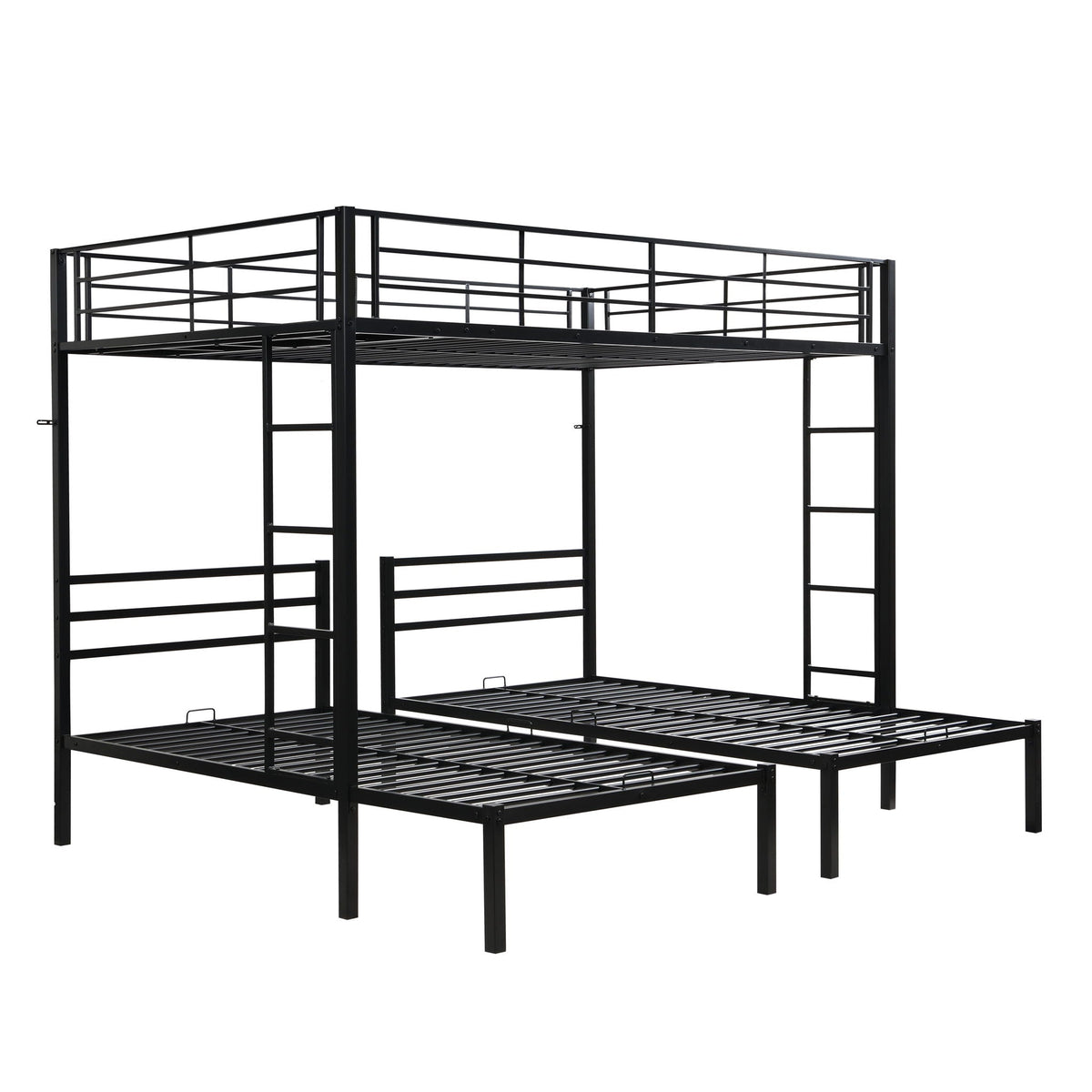 Black metal triple bunk bed frame with vertical ladder, safety rails, and storage shelf on Tampa Home & Garden Store