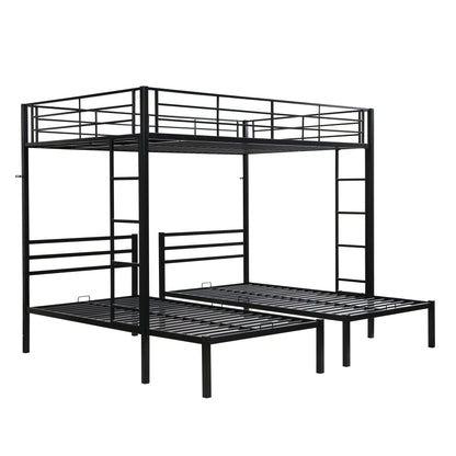 Black metal triple bunk bed frame with vertical ladder, safety rails, and storage shelf on Tampa Home & Garden Store