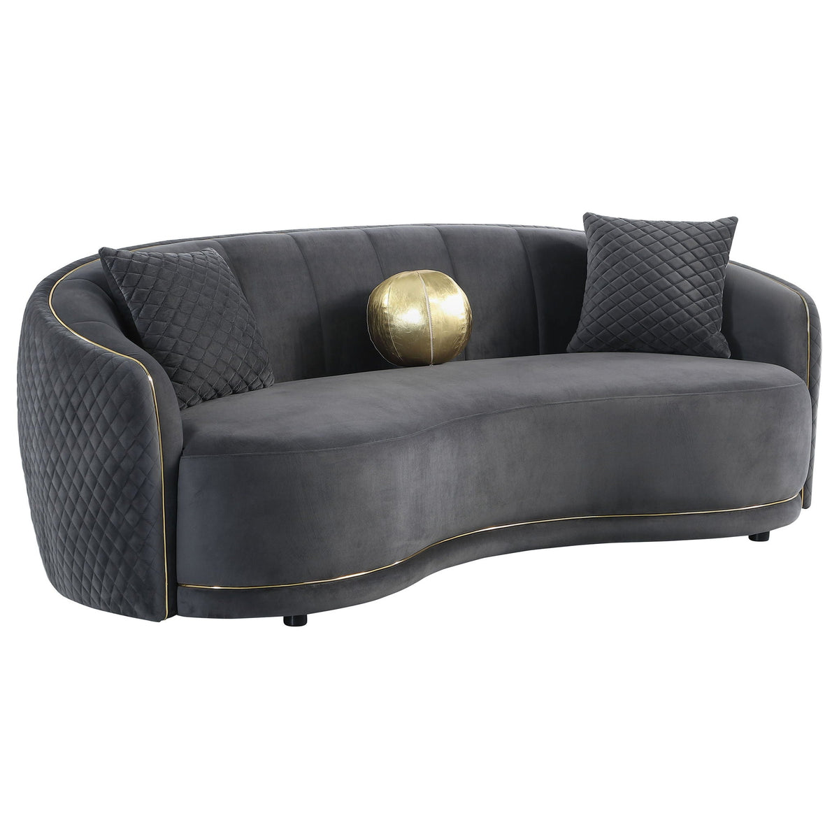 Luxe Upholstered Curved Sofa with Diamond Quilting in dark gray, gold trim by HouseOfZazla on Tampa Home & Garden Store