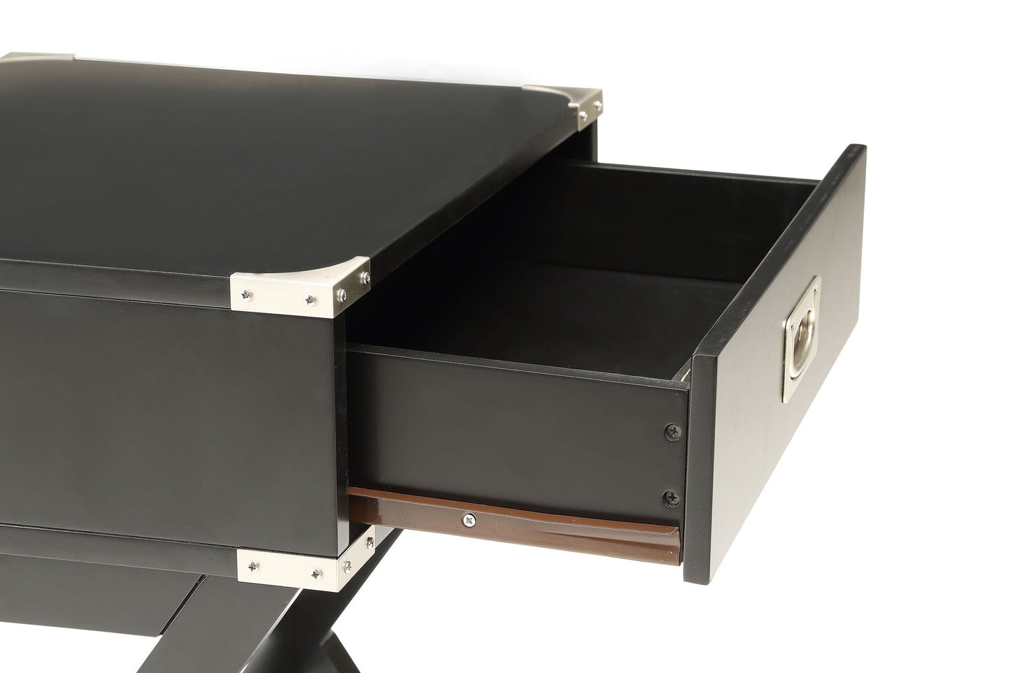 Babs Accent Table black with silver metal corner brackets, open drawer by HouseOfZazla on Tampa Home & Garden Store