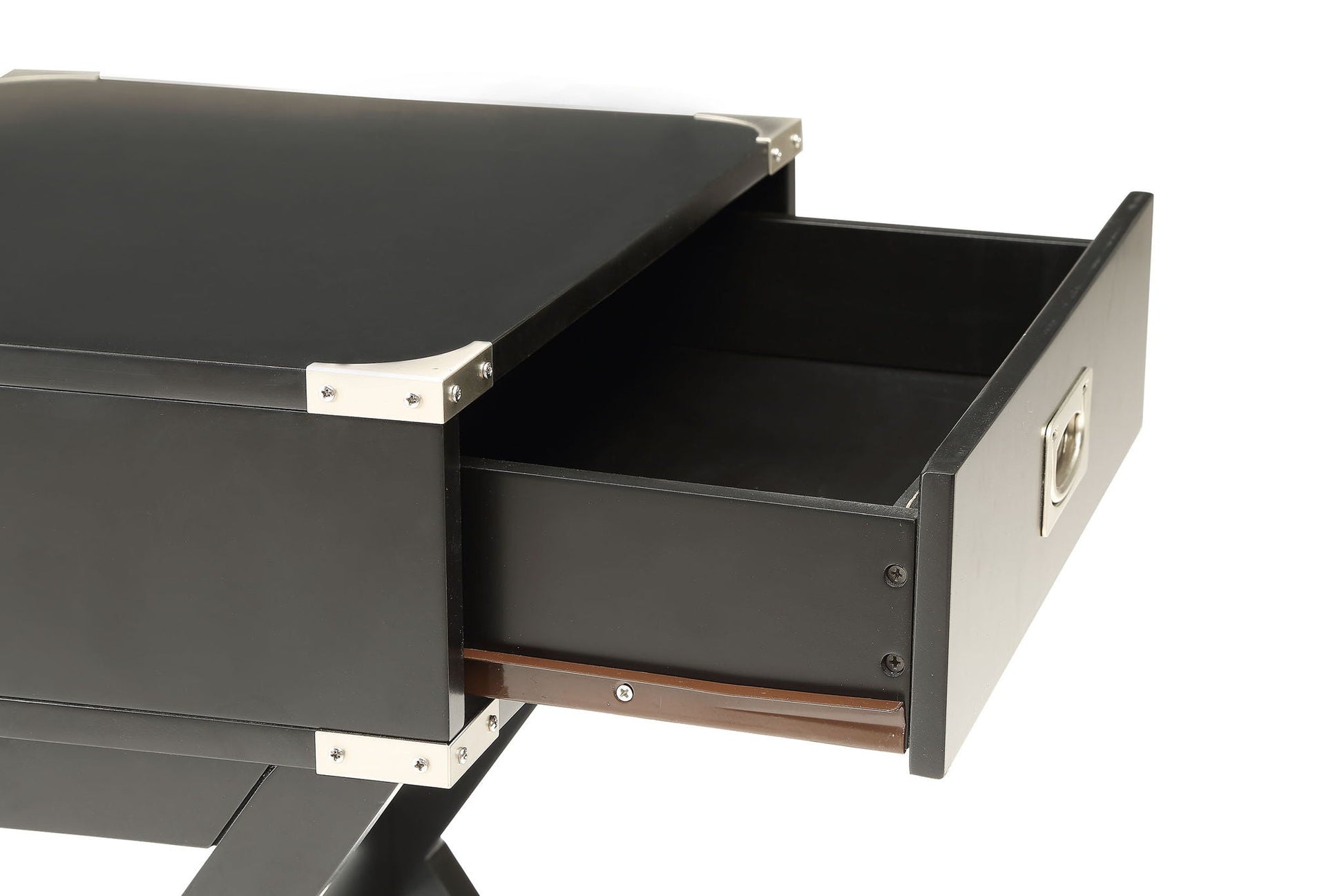 Babs Accent Table black with silver metal corner brackets, open drawer by HouseOfZazla on Tampa Home & Garden Store