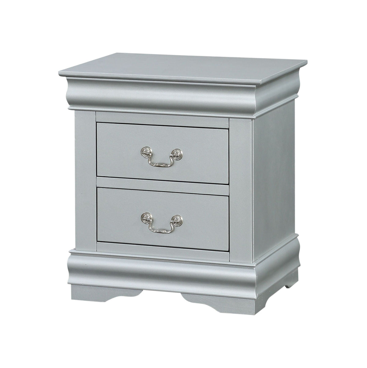 Louis Philippe III Sleek Design Nightstand by HouseOfZazla, silver-gray with metal pulls on Tampa Home & Garden Store