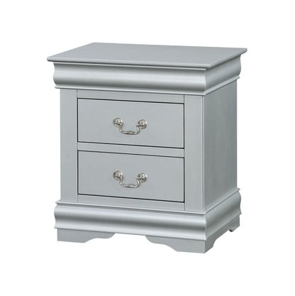 Louis Philippe III Sleek Design Nightstand by HouseOfZazla, silver-gray with metal pulls on Tampa Home & Garden Store