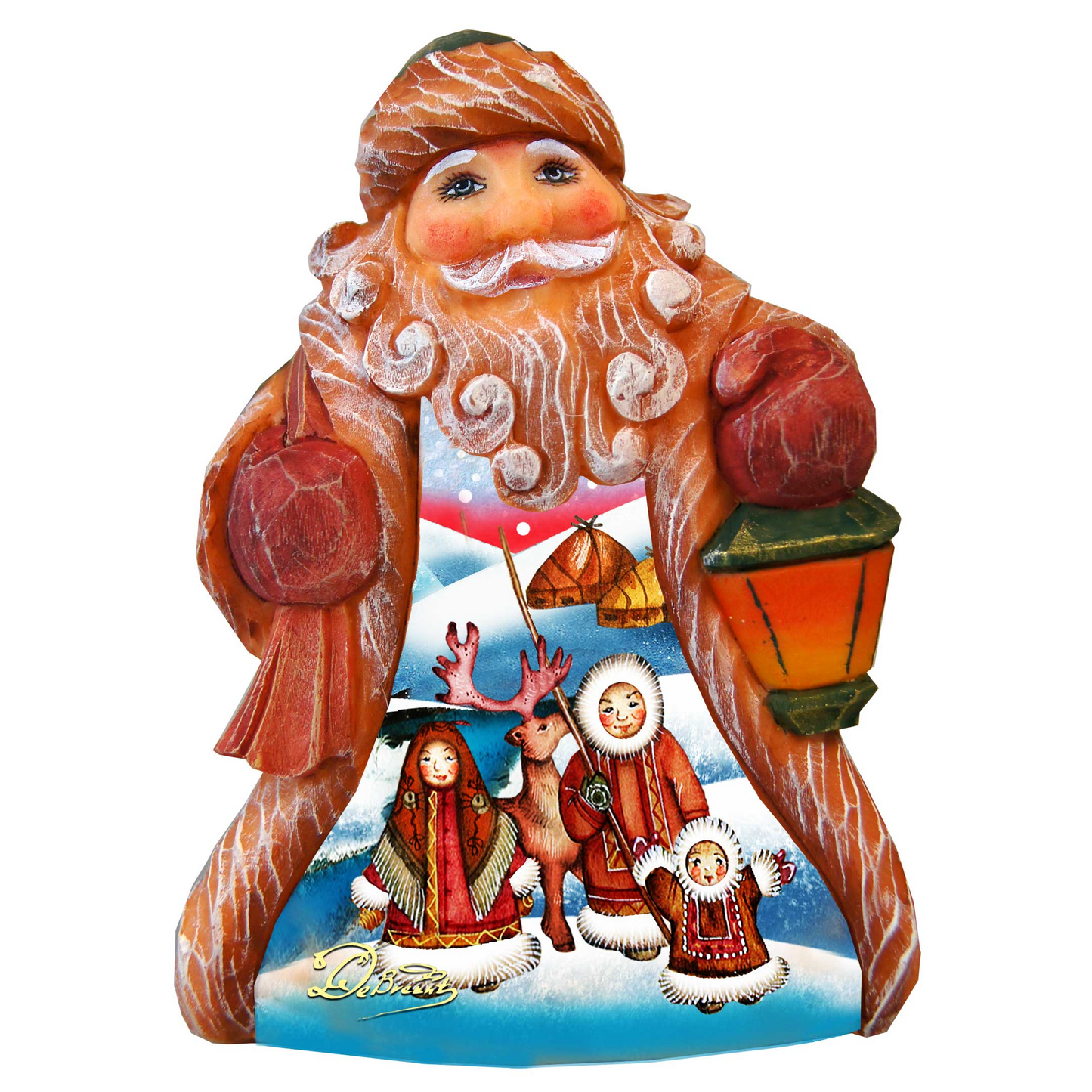 G. DeBrekht Santa Alaska Motif hand-painted sculpted ornament in orange woodgrain, snowy scene on Tampa Home & Garden Store