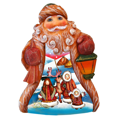G. DeBrekht Santa Alaska Motif hand-painted sculpted ornament in orange woodgrain, snowy scene on Tampa Home & Garden Store
