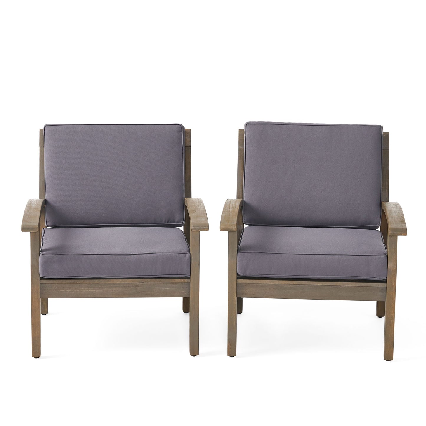 Two Peyton Club outdoor arm chairs in acacia wood by HouseOfZazla with dark gray cushions on Tampa Home & Garden Store