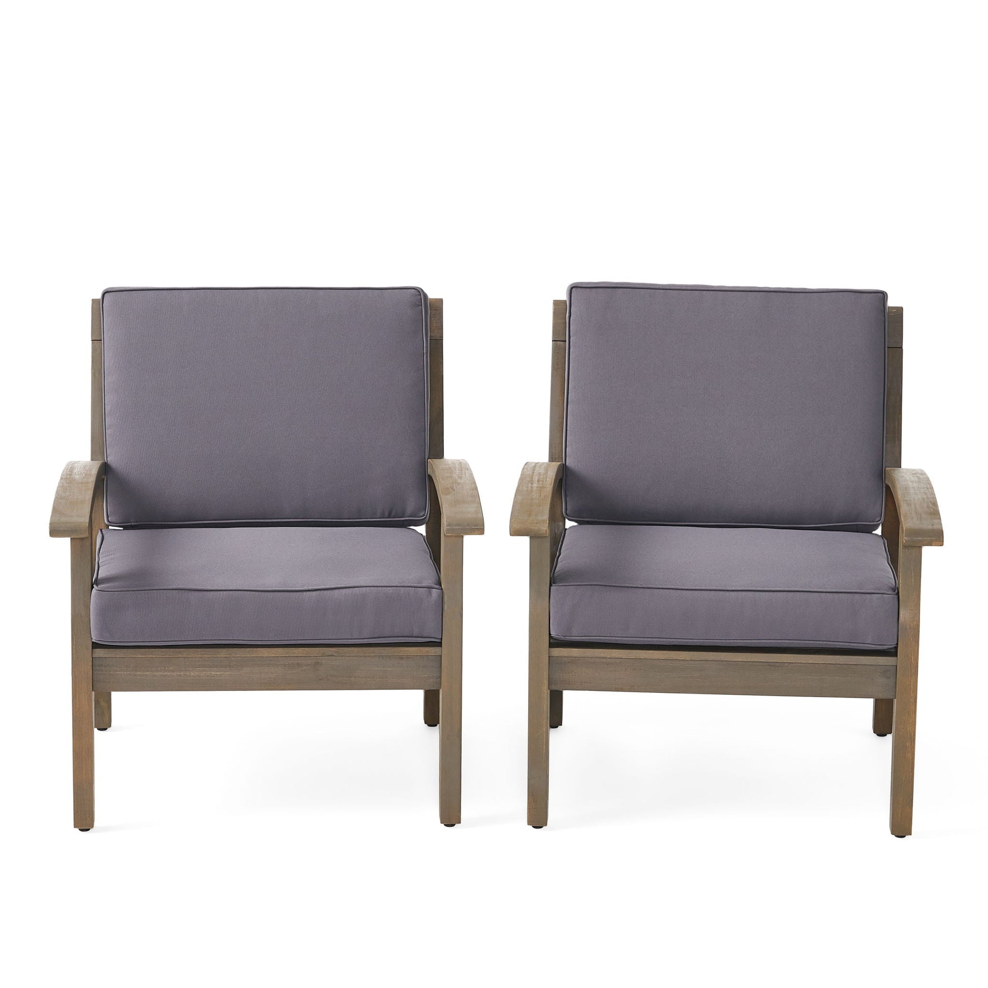 Two Peyton Club outdoor arm chairs in acacia wood by HouseOfZazla with dark gray cushions on Tampa Home & Garden Store