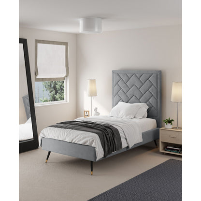 Crosby upholstered bed with grey tufted headboard and slats, modern bedroom setup on Tampa Home & Garden Store